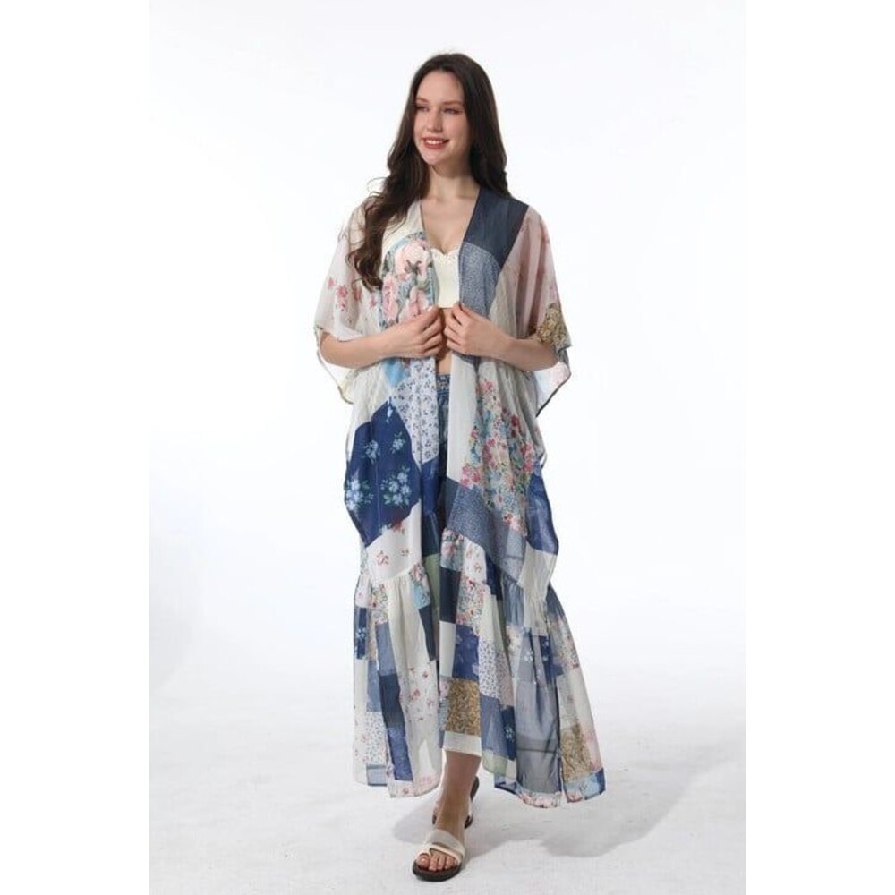 Vintage Style Patchwork Floral Long Kimono Boho Open Front Cover Up Maxi 1 Sz